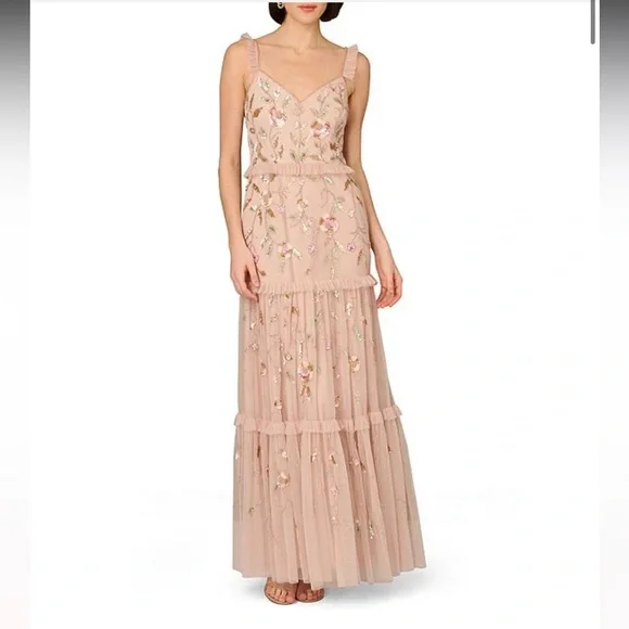 Aidan Mattox | Dresses | Nwt Never Worn Floral Beaded Mesh Vneck Sleeveless  Ruffle Trim Tiered Gown 2 | Poshmark